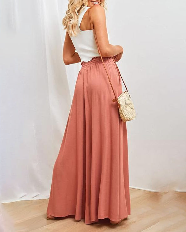 ASKSA women's wide-leg pants summer high waist pleated pants elegant solid color light pants skirt summer pants