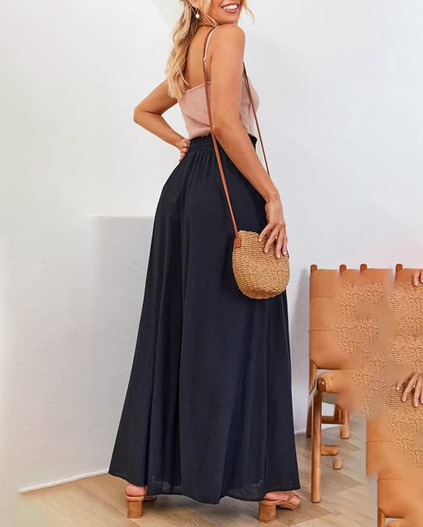 ASKSA women's wide-leg pants summer high waist pleated pants elegant solid color light pants skirt summer pants