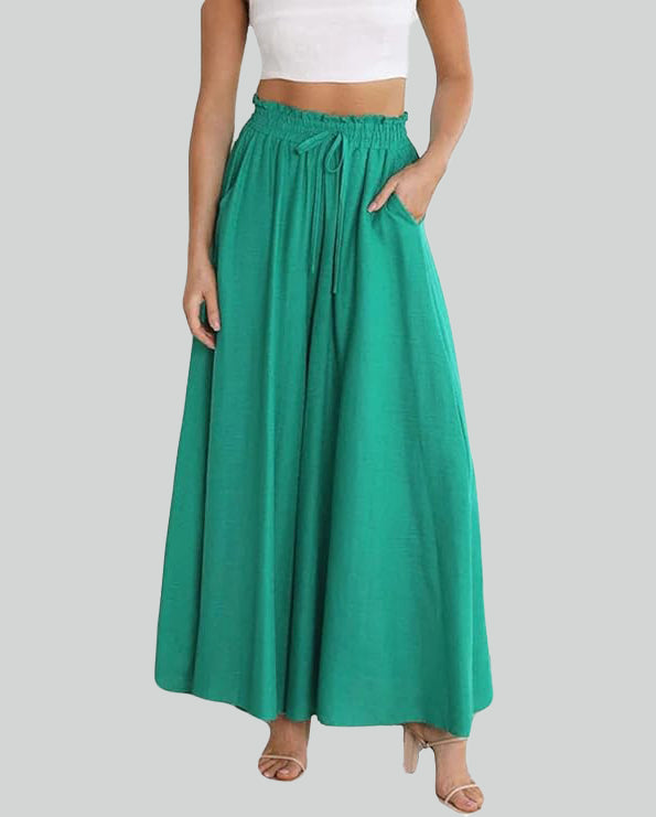 ASKSA women's wide-leg pants summer high waist pleated pants elegant solid color light pants skirt summer pants