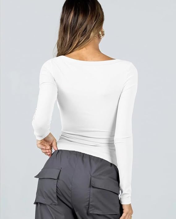 ASKSA Women's T-Shirt Slim Fit Y2K Long Sleeve Top Sexy Round Neck Crop Top Basic T-Shirt
