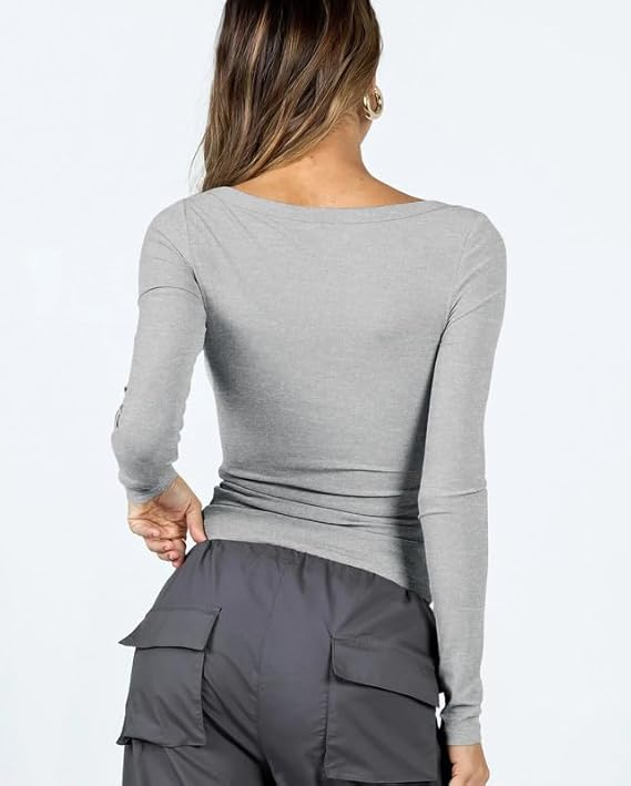 ASKSA Women's T-Shirt Slim Fit Y2K Long Sleeve Top Sexy Round Neck Crop Top Basic T-Shirt