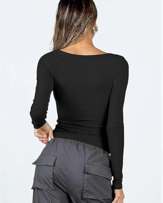 ASKSA Women's T-Shirt Slim Fit Y2K Long Sleeve Top Sexy Round Neck Crop Top Basic T-Shirt