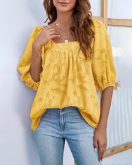 ASKSA Women's Chiffon Shirt 3/4 Lantern Sleeve Summer Shirt Elegant Loose Lace Top Square Neck Babydoll Tunic Shirt