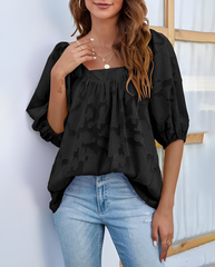 ASKSA Women's Chiffon Shirt 3/4 Lantern Sleeve Summer Shirt Elegant Loose Lace Top Square Neck Babydoll Tunic Shirt