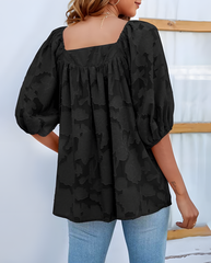 ASKSA Women's Chiffon Shirt 3/4 Lantern Sleeve Summer Shirt Elegant Loose Lace Top Square Neck Babydoll Tunic Shirt