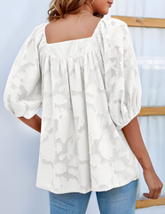 ASKSA Women's Chiffon Shirt 3/4 Lantern Sleeve Summer Shirt Elegant Loose Lace Top Square Neck Babydoll Tunic Shirt