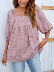 ASKSA Women's Chiffon Shirt 3/4 Lantern Sleeve Summer Shirt Elegant Loose Lace Top Square Neck Babydoll Tunic Shirt