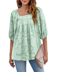 ASKSA Women's Chiffon Shirt 3/4 Lantern Sleeve Summer Shirt Elegant Loose Lace Top Square Neck Babydoll Tunic Shirt