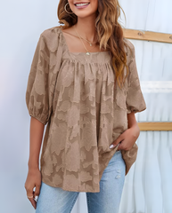 ASKSA Women's Chiffon Shirt 3/4 Lantern Sleeve Summer Shirt Elegant Loose Lace Top Square Neck Babydoll Tunic Shirt