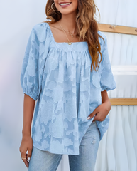 ASKSA Women's Chiffon Shirt 3/4 Lantern Sleeve Summer Shirt Elegant Loose Lace Top Square Neck Babydoll Tunic Shirt
