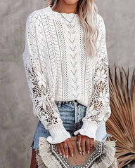 ASKSA women's hollow sweater lace hook sweater casual elegant loose knit sweater top sweater