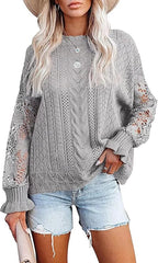 ASKSA women's hollow sweater lace hook sweater casual elegant loose knit sweater top sweater